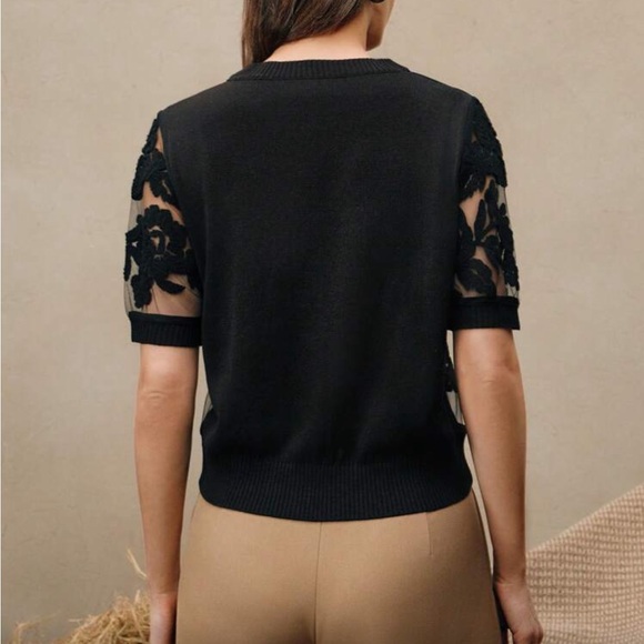 Anewsta Women's Autumn Floral Mesh Round Neck Short Sleeve Knit Top - Picture 3 of 6